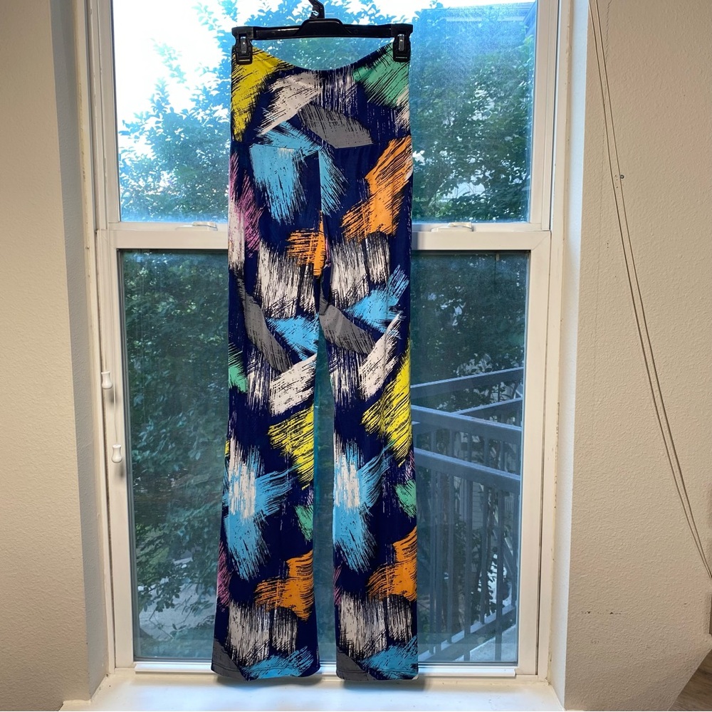 Honeylee Wide Band Flare Leg Palazzos Small Relaxed Abstract Paint Splash Pants